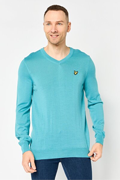 Lyle & Scott Men V-Neck Embroidered Logo Sweater, Teal Green
