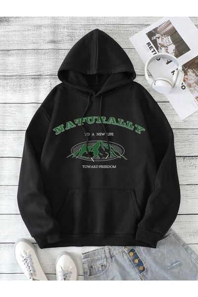 my feminen هوديي للجنسين بتصميم بسيط مطبوع بغطاء رأس جيب قصة فضفاضة سويت شيرت...