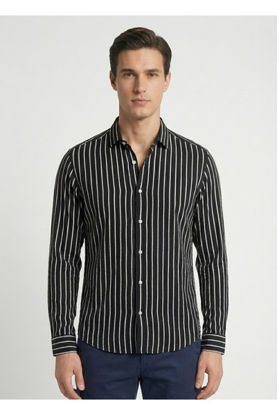 DEFES Men's Black Regular Modal Natural Textured Shirt