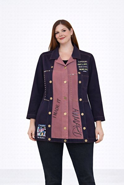 Şans Women's Plus Size Purple, Stone and Print Detailed Colorful Unlined Jack...