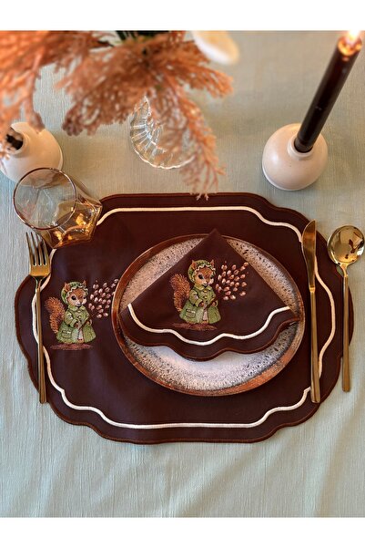 LİONYA DESİGN 12 Parça 6 Kişilik Vintage Sincap Nakışlı Sofra Seti (6 Amerika...