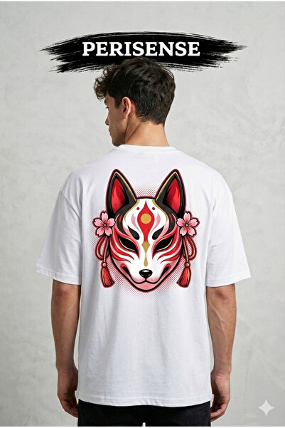 PERISENSE Unisex Bold Kitsune Printed Premium Combed Cotton Oversized T-Shirt