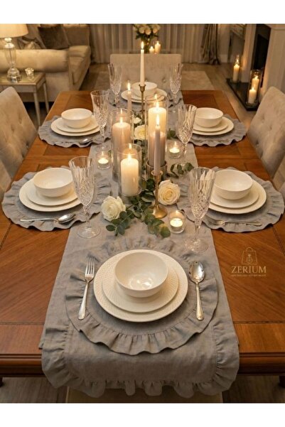 ZERİUM طقم مفارش طاولة أنيق من الكتان الخام المكشكش مكون من 7 قطع - سلسلة ستو...