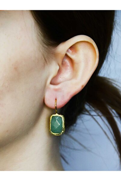 esha Doğal Taş Yeşil Akik Doğal Taşlı Altın Kaplama Kadın Küpe euku3yag