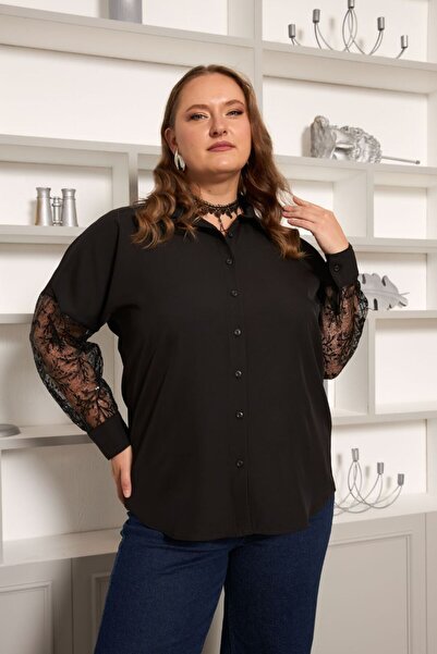 OYERGA MODA قميص نسائي أنيق بمقاس كبير باللون الأسود مع تفاصيل أكمام مزينة با...