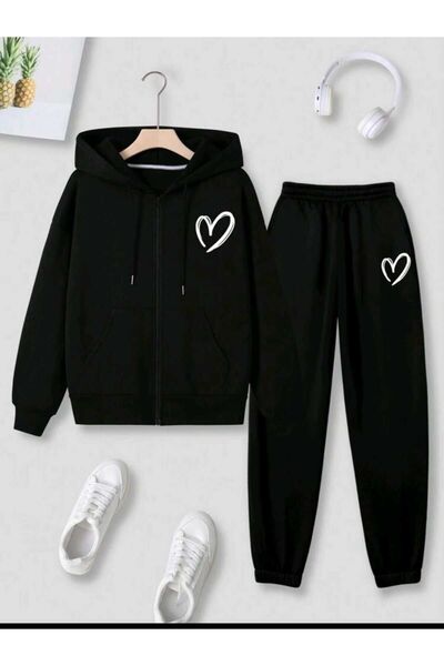 my feminen طقم بدلة رياضية علوية وسحاب كامل من القماش المحبوك بطبعة قلب