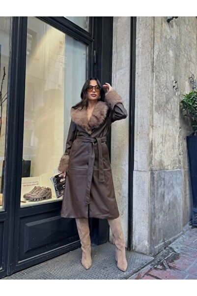FEMMESTUDIO Women's Brown Fur Detailed Leather Trench Coat