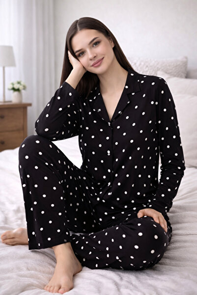 Işılay Black 100% Cotton Women's Pajama Set – Breathable, Long Sleeve Comfort...