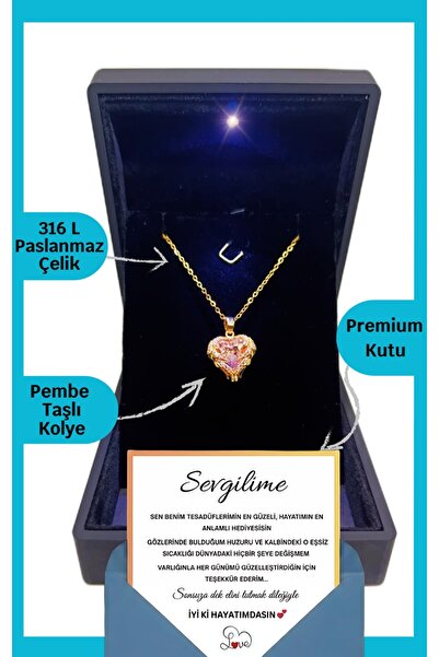 ganispe "Sevgiliye" Anlamlı Not Işıklı Premium Kutuda Pembe Kalp Kolye
