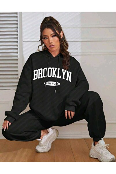 my feminen طقم سويت شيرت بروكلين بلو جوجر أبيض من الأسفل، طقم رياضي كبير الحج...