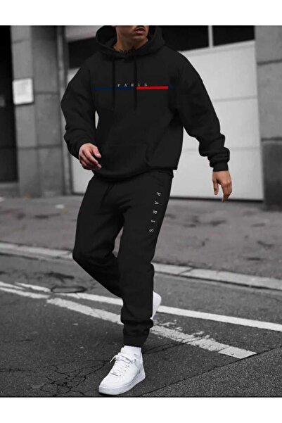 my feminen طقم بدلة رياضية سوداء بطبعة باريس للجنسين، مقاس كبير مع غطاء للرأس