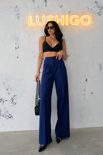 LUSHİGO Pleated Fabric Stretch Fabric Women's Lussi Palazzo Pants Dark Blue