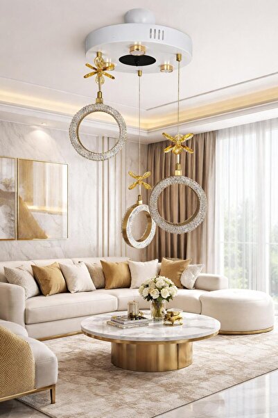BİAVİZE 3 LÜ SİMİT LEDLİ VE SPOTLU GOLD BEYAZ SARKIT LED AVİZE