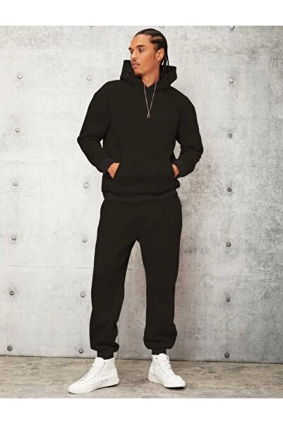 my feminen Men's Black Oversize Tracksuit Set Hooded Boyfirend Casual