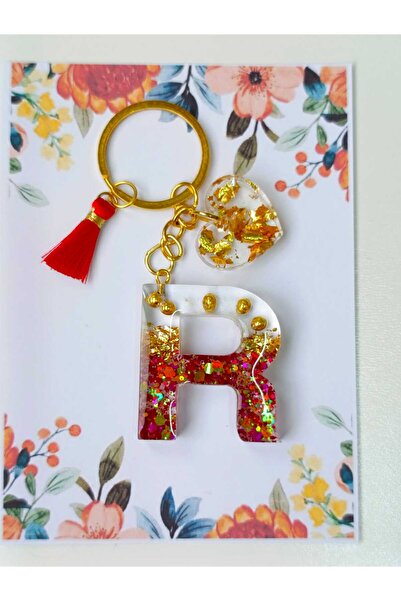 demirbasavm حامل مفاتيح مصنوع يدويًا من الإيبوكسي على شكل حرف R