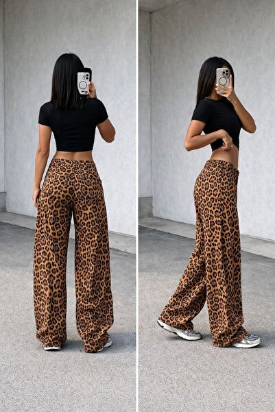 Semesia Leopard Patterned Wide Leg Jeans