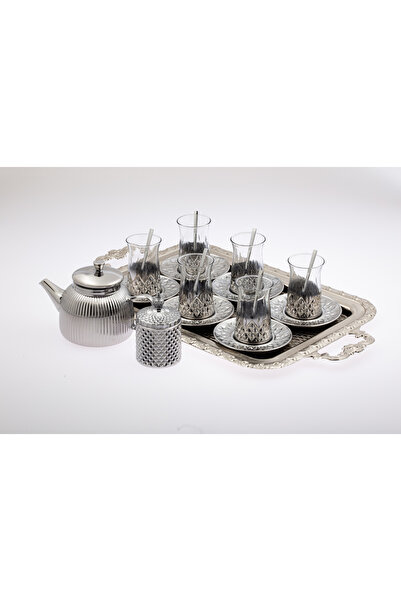 sultaneh Hediyelik & Lüks Titanyum Gümüş Renk Çay Seti - Tepsili Demlikli 6 k...