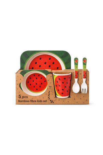OEM 5-piece bamboo fiber children's dinner set - plate, bowl, cup, fork, teas...