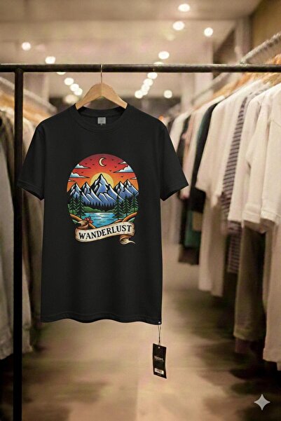 playwear تي شيرت WANDERLUST (تي شيرت أسود من القطن الناعم ذو ياقة دائرية وأكم...