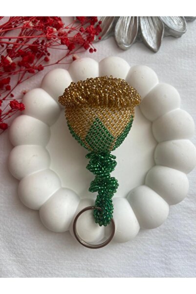 Handmade KUM BONCUK EL İŞİ BÜYÜK BOY GOLD RENGİ GÜL ANAHTARLIK