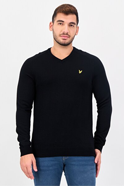 Lyle & Scott Men V-Neck Long Sleeve Brand Logo Sweater, Black