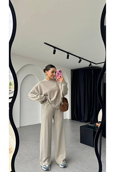 SARA Kadın Bej/vizon Oversize Modal Eşofman Takımı Uzun Kollu Sweatshirt ve B...