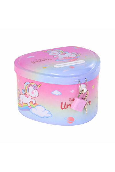 Kısmet Hırdavat Kumbara Kalp Metal Kilitli Unicorn Desenli