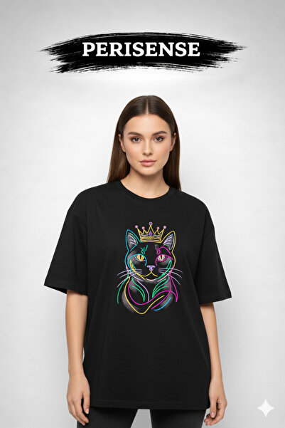 PERISENSE Unisex Savage Cat Printed Premium Combed Cotton Oversized T-Shirt