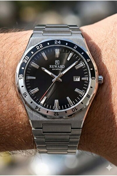 Reward ساعة يد رجالية بقرص أسود |   علبة فولاذية مقاس 42 ملم، سوار فولاذي، 5ATM