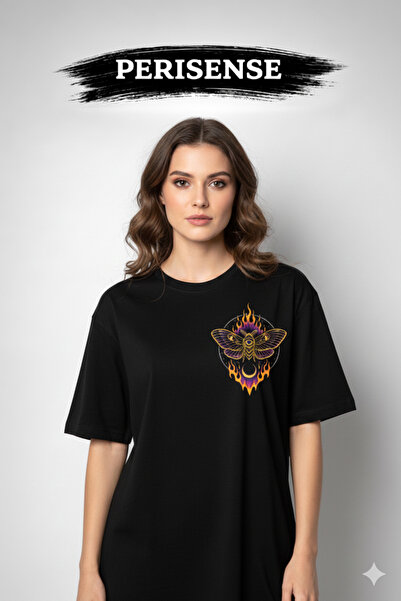 PERISENSE Unisex Electric Moth Printed Premium Combed Cotton Oversized T-Shirt