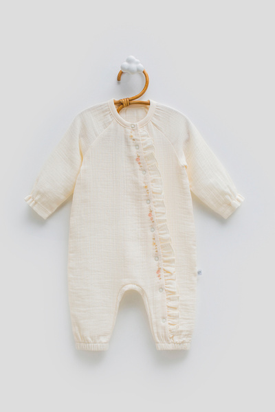 Caramell 100% Cotton Muslin Baby Girl Romper with Ruffles and Floral Embroidery