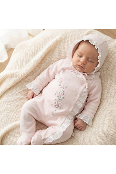 LisaLoom Floral Embroidered Lace Detailed Pleated 2-Piece Jumpsuit Hat 100% C...