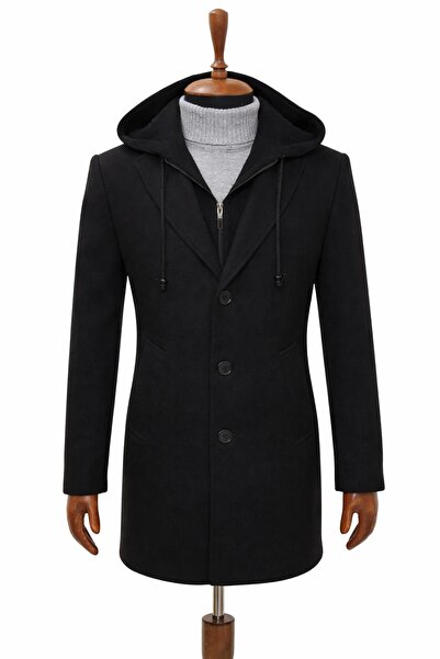 Endap Men's Black Hooded Long Cashmere Coat with Front Zipper and Buttons