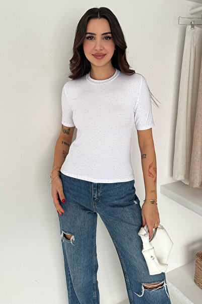 Noa&Noa Дамска тениска с къс ръкав и камъчета – бежова Spark