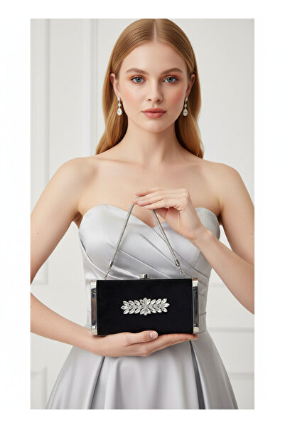 Biçanta Black Silver Luxury Suede Crystal Stone Metal Case Stone Handle Eveni...