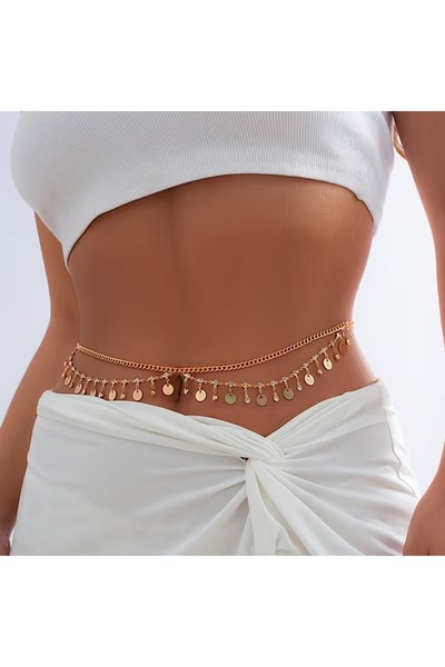 Girift Vintage Heart Yuvarlak Taşlı Gold Bel Göbek Zinciri
