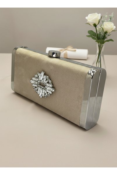 Biçanta Beige Silver Luxury Suede Crystal Stone Metal Case Stone Handle Evening Dress Bag Wedding Engagement Graduation