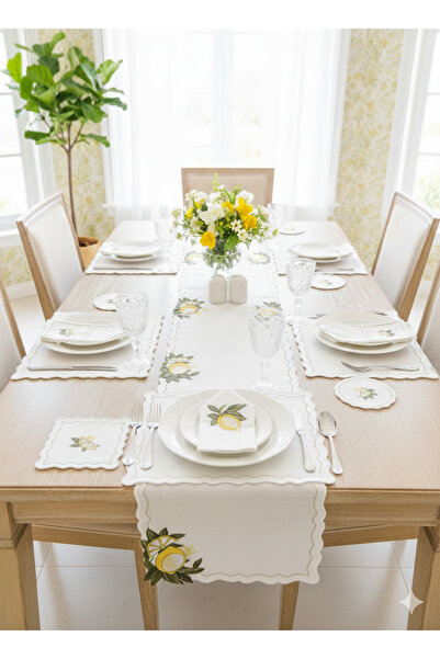 Luma Decor Lemon Patterned Linen 6-Person American Tablecloth and Runner Set
