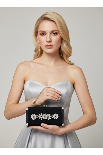 Biçanta Black Silver Luxury Suede Crystal Stone Metal Case Stone Handle Eveni...