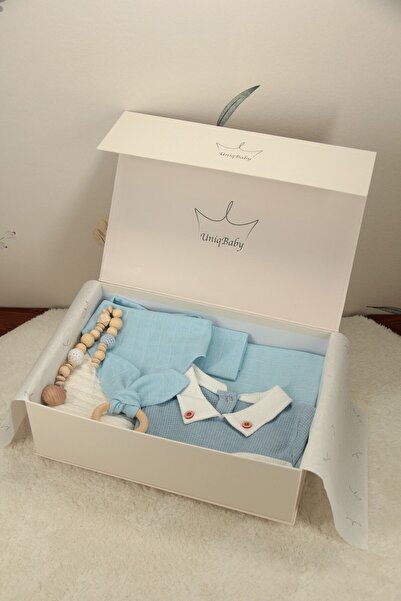 Uniq Baby Mavi Araba Temalı %100 Pamuk 7 Parça Yenidoğan Hediye Kutusu-Pike, ...