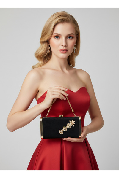 Biçanta Black Gold Luxury Suede Crystal Stone Metal Case Stone Handle Evening...