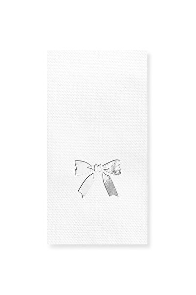 Story مناديل ورقية بيضاء اللون مقاس 40 × 40 سم، مزينة بشريط فضي على شكل فيونك...