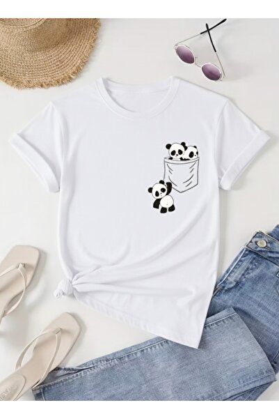 gencerco Unisex Cute Pandas Pocket Design Basic Regular T-Shirt