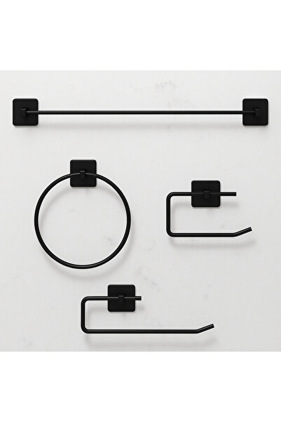 HKN HOUSE Siyah Yapışkanlı 4 Lü Banyo Seti Uzun Havluluk Yuvarlak Havluluk Ka...