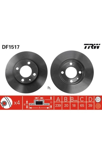 TRW Disc de frână DF1517, 4 găuri, 239x38.7mm, negru