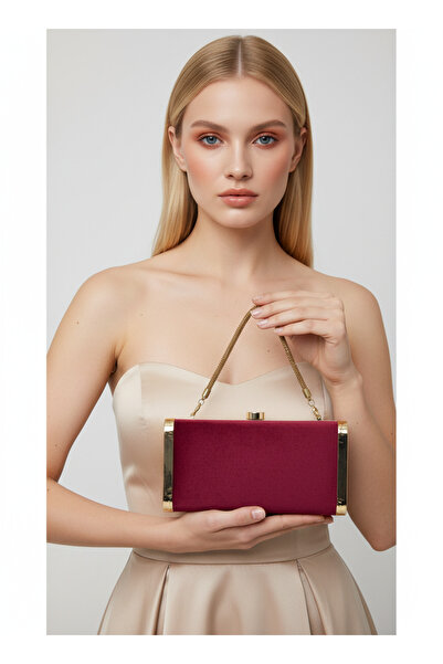 Biçanta Burgundy Luxury Suede Crystal Stone Metal Case Stone Handle Evening D...