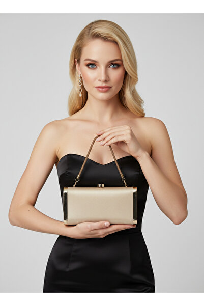 Biçanta Beige Gold Luxury Suede Crystal Stone Metal Case Stone Handle Evening...