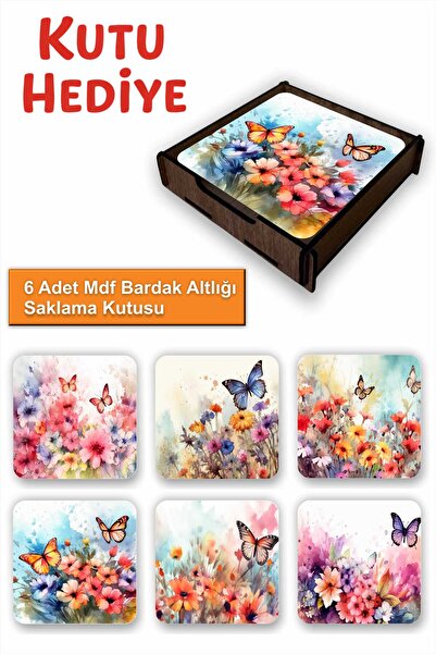 UNT Flowers and Butterflies Patterned Mdf Coaster Set of 6 Design |   Wooden ...
