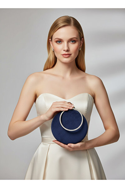 Biçanta Navy Blue Silver Round Luxury Suede Crystal Stone Women's Evening Dre...