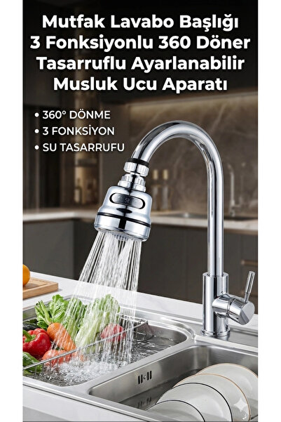 Mikasso Su Tasarruflu Krom 3 Fonksiyonlu Döner Musluk Ucu Mutfak Evye Banyo L...
